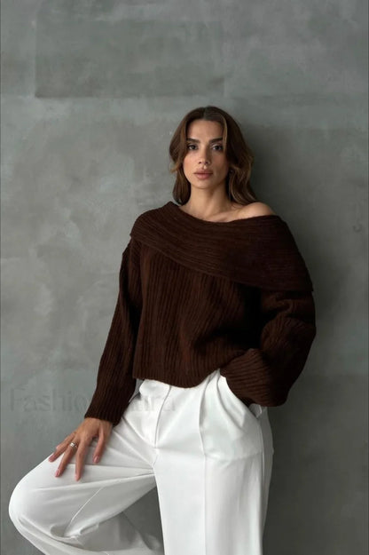 Lazy Chic Off-Shoulder Knit Sweater Brown / S