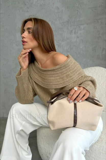 Lazy Chic Off-Shoulder Knit Sweater khaki / S