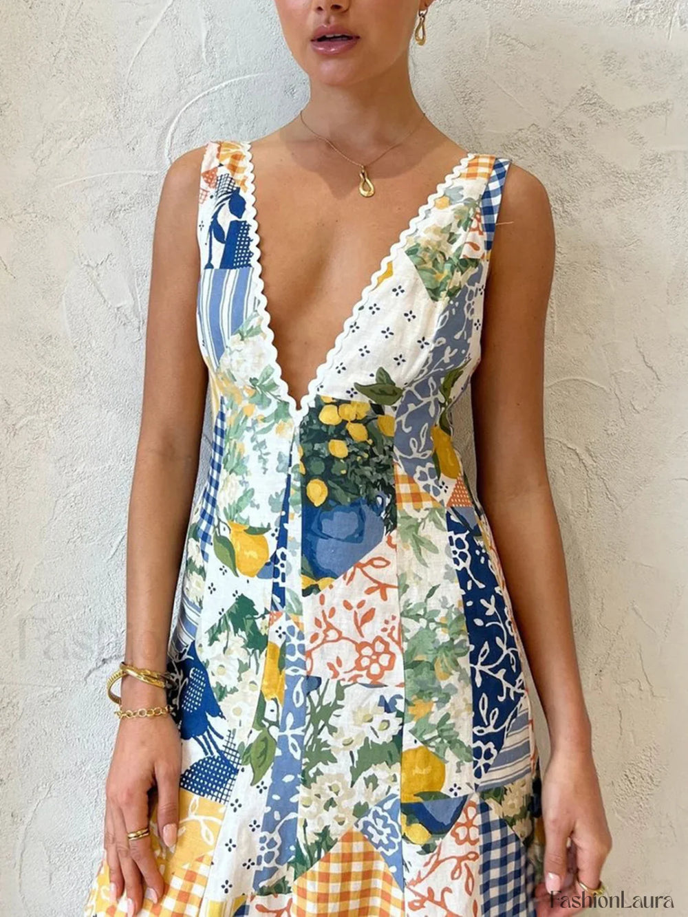 Lemonade Print Lace Trim Long Dress Dresses