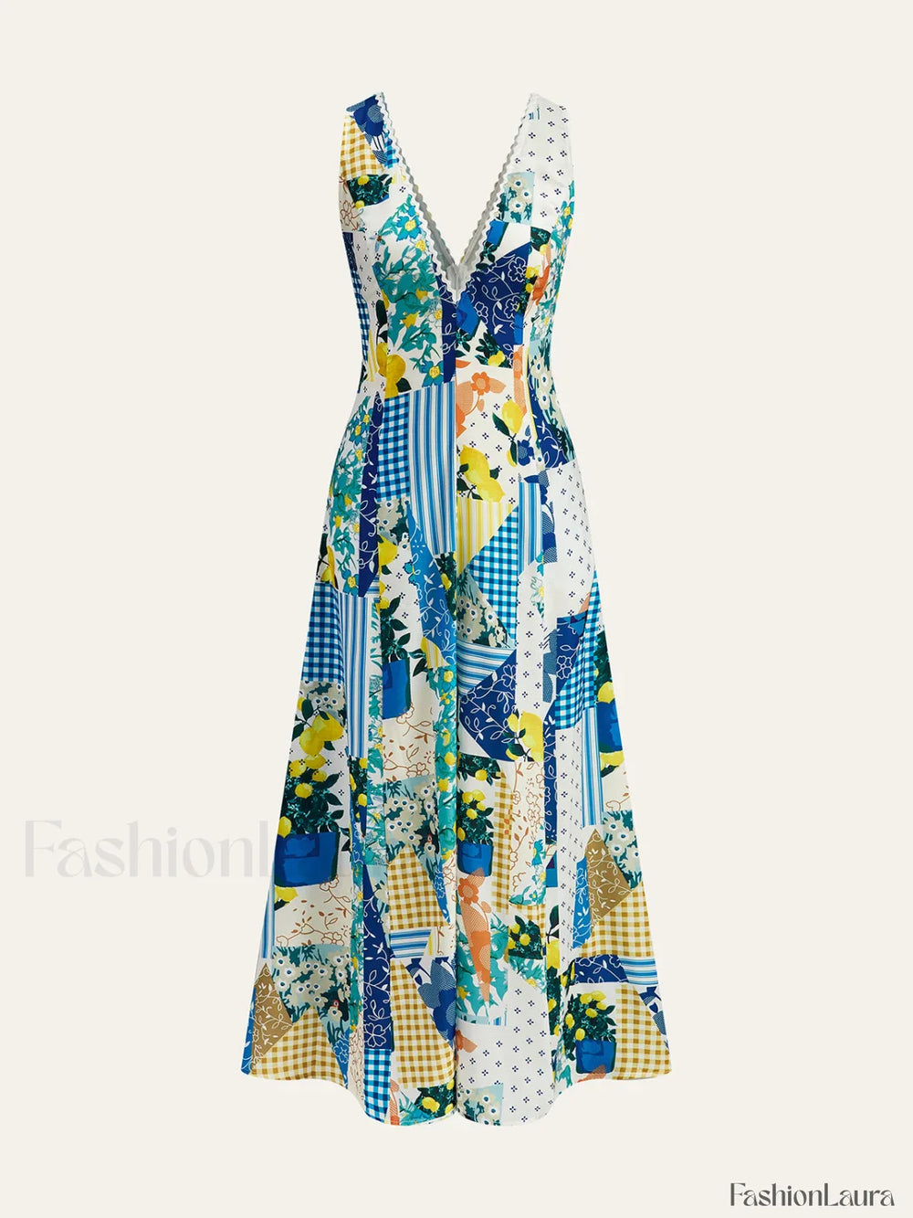 Lemonade Print Lace Trim Long Dress Dresses