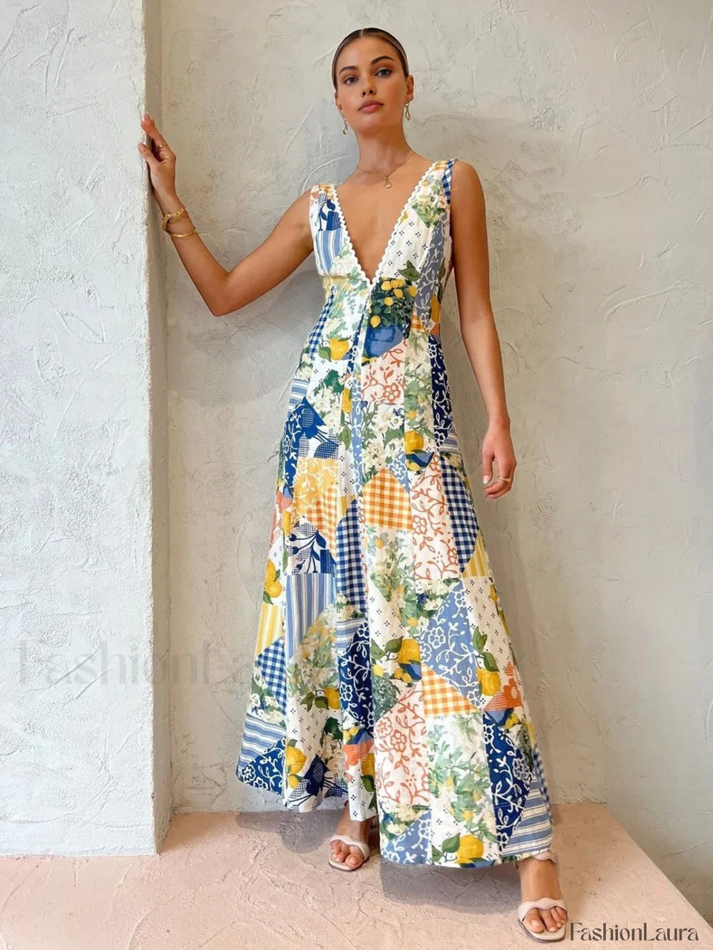 Lemonade Print Lace Trim Long Dress Multicolor / XS Dresses