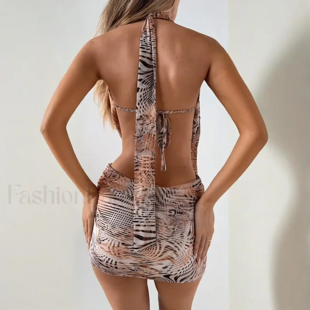 Leopard Deep V Halter Mini Dress