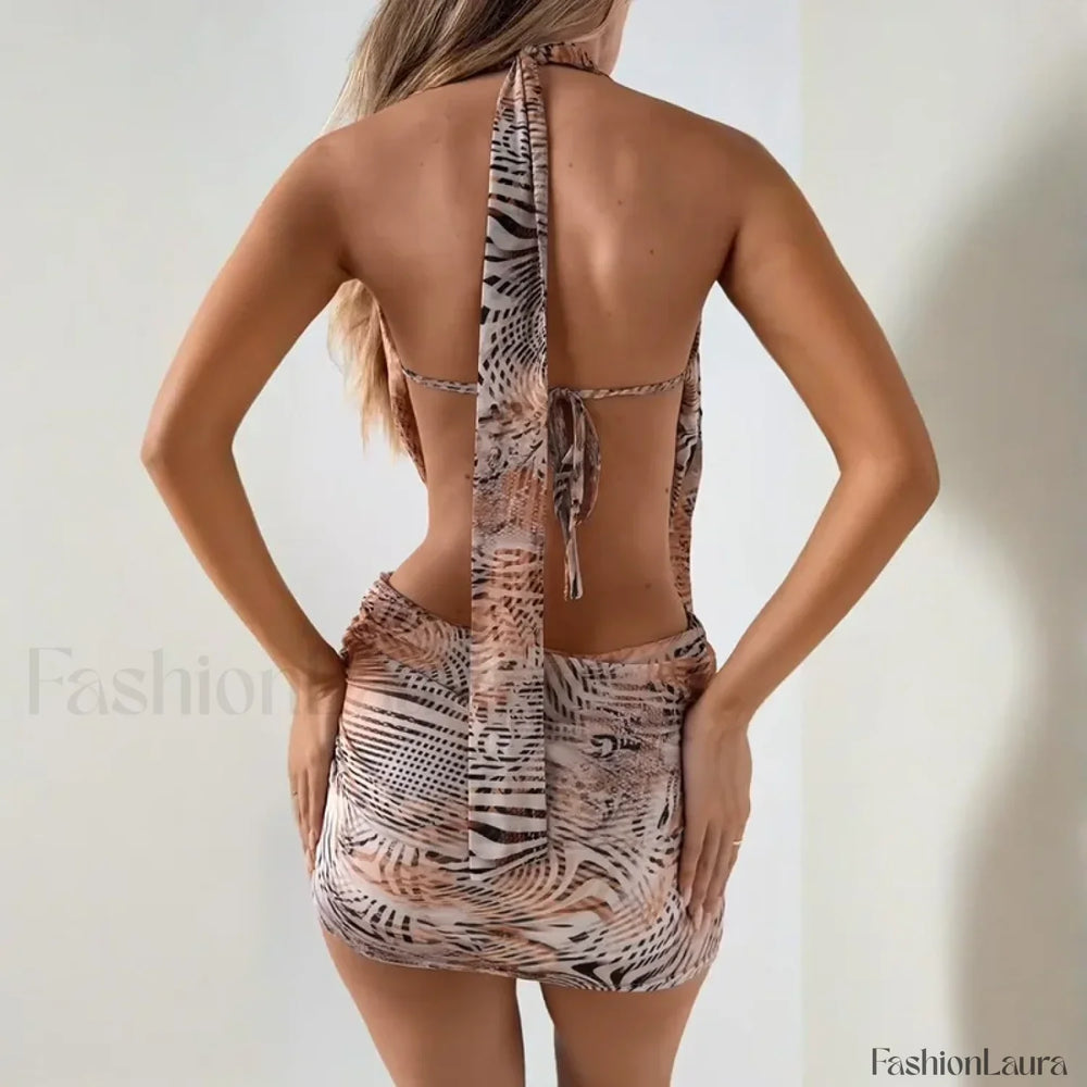 Leopard Deep V Halter Mini Dress