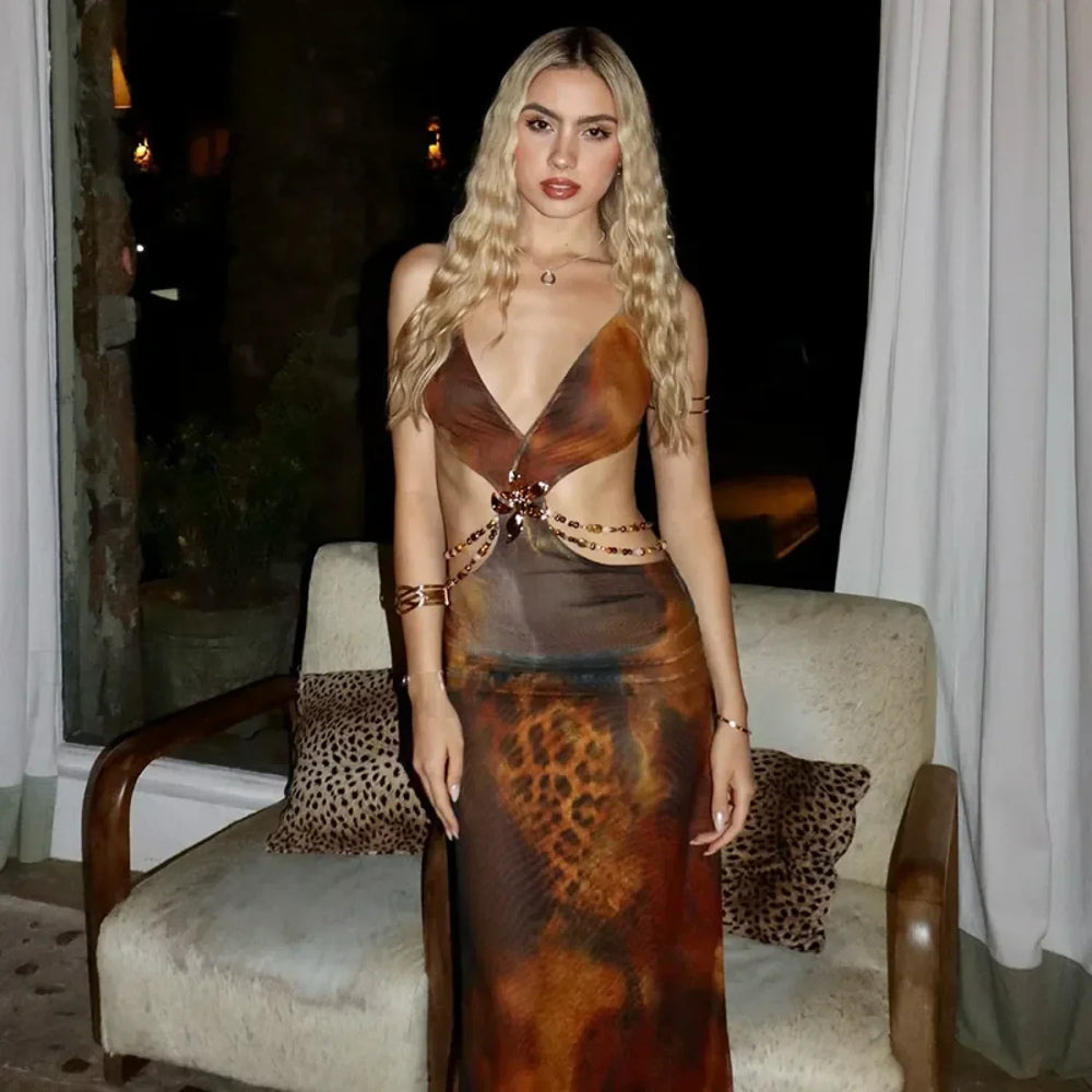 Leopard Deep V Neck Floral Dress