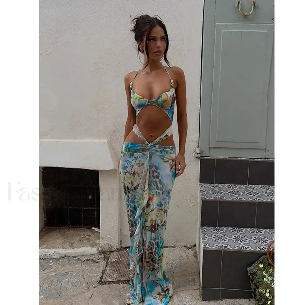 Leopard Deep V Neck Floral Dress blue / S