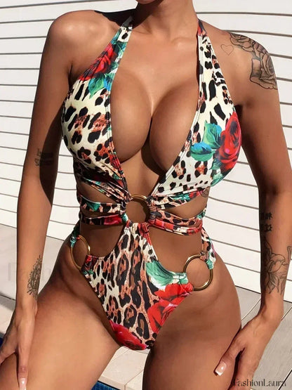 Leopard Floral Ring Deep V One Piece Leopard / S