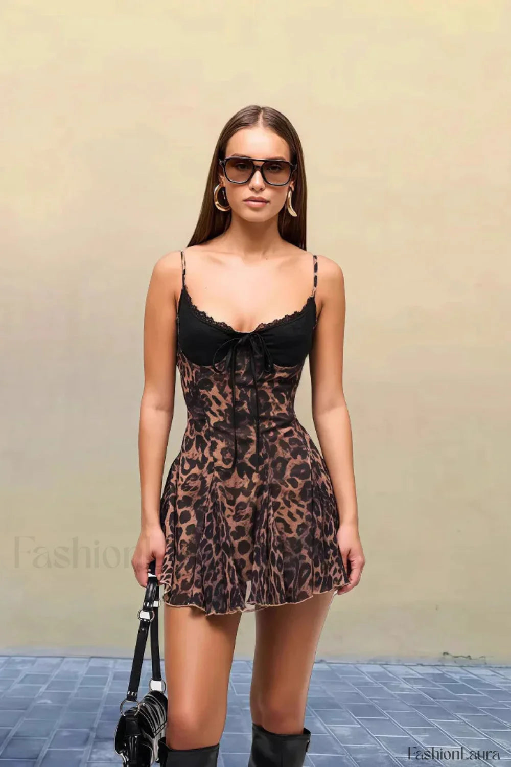 Leopard Lace Cami Mini Dress Brown / S