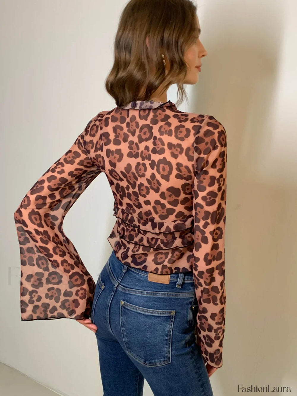 Leopard Print Semi Sheer Ruffle V Neck Blouse Blouses