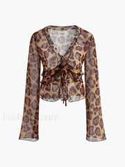 Leopard Print Semi Sheer Ruffle V Neck Blouse Blouses