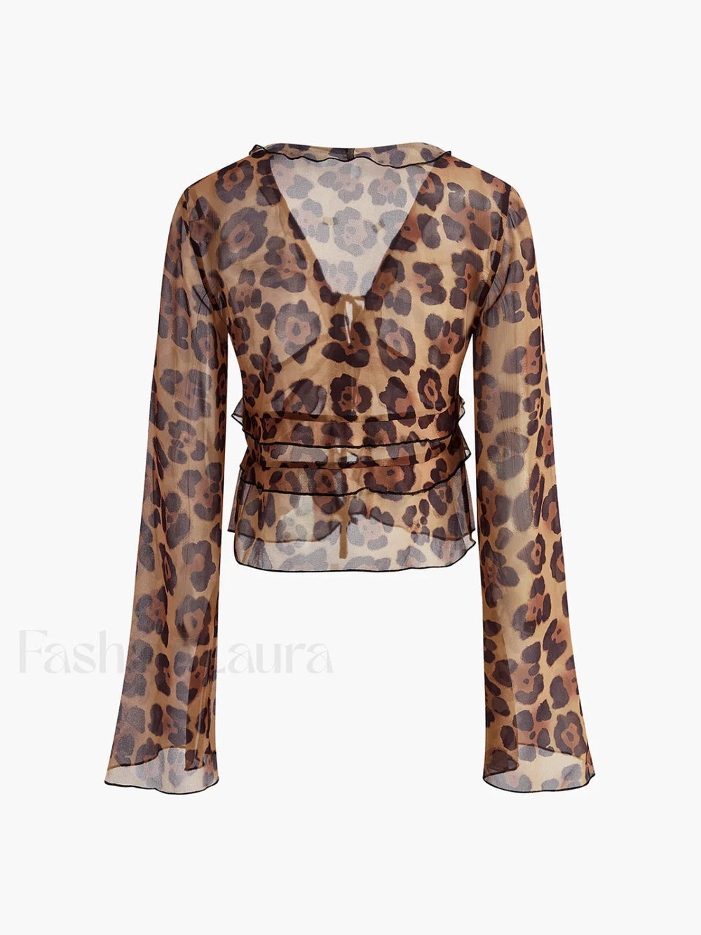 Leopard Print Semi Sheer Ruffle V Neck Blouse Blouses