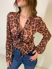 Leopard Print Semi Sheer Ruffle V Neck Blouse Blouses