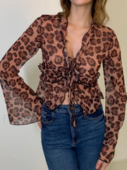 Leopard Print Semi Sheer Ruffle V Neck Blouse Blouses