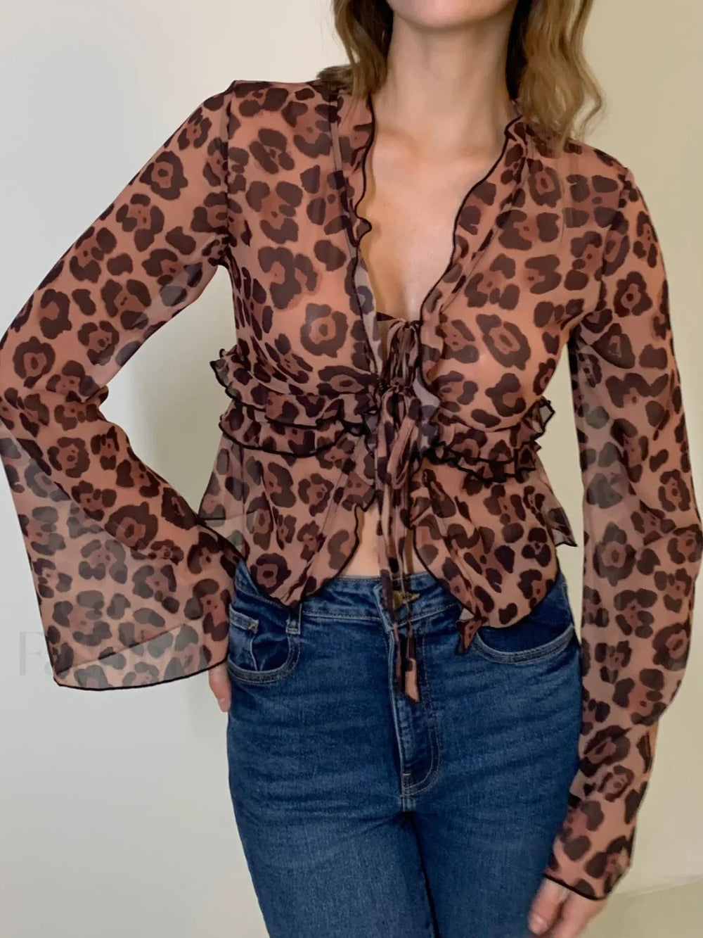 Leopard Print Semi Sheer Ruffle V Neck Blouse Blouses