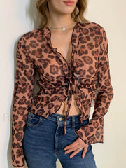 Leopard Print Semi Sheer Ruffle V Neck Blouse Light Brown / XS Blouses