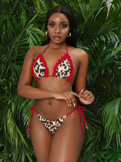 Leopard Ruffle Mini Skirt Three Piece Set