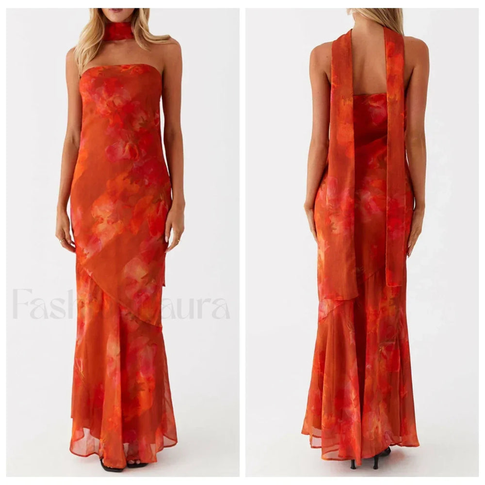 Leopard Strapless Mermaid Floral Dress orange / S