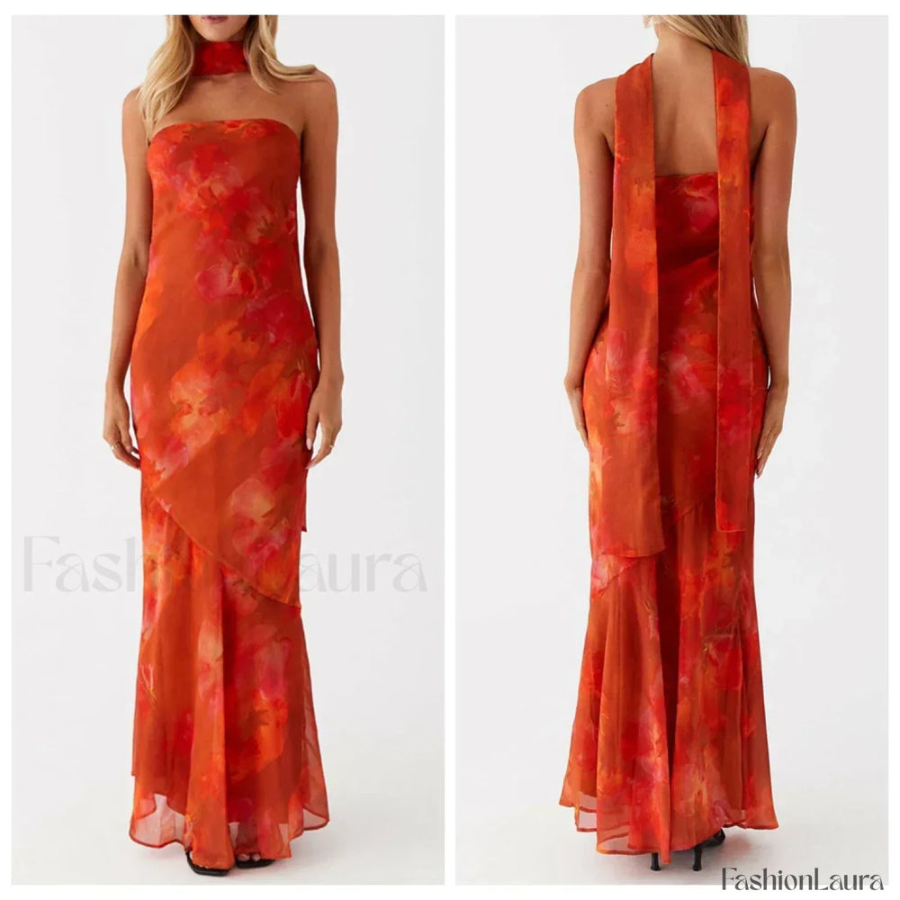 Leopard Strapless Mermaid Floral Dress orange / S