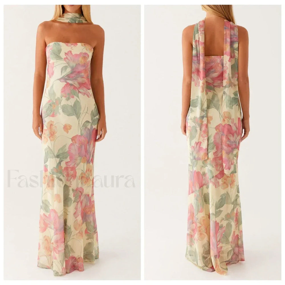 Leopard Strapless Mermaid Floral Dress pink / S