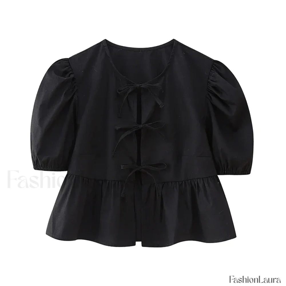 Leopard Sweet Bubble Casual Shirt Blouse Black / XS