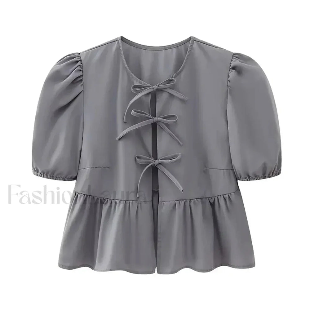 Leopard Sweet Bubble Casual Shirt Blouse GRAY / XS