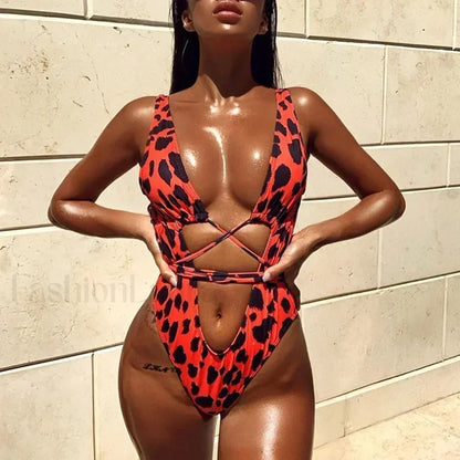 Leopard Wrap Tummy Cut High One Piece RedLeopard / S
