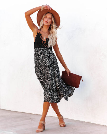 Let It Be Tiered Floral Lace Midi Dress - Black