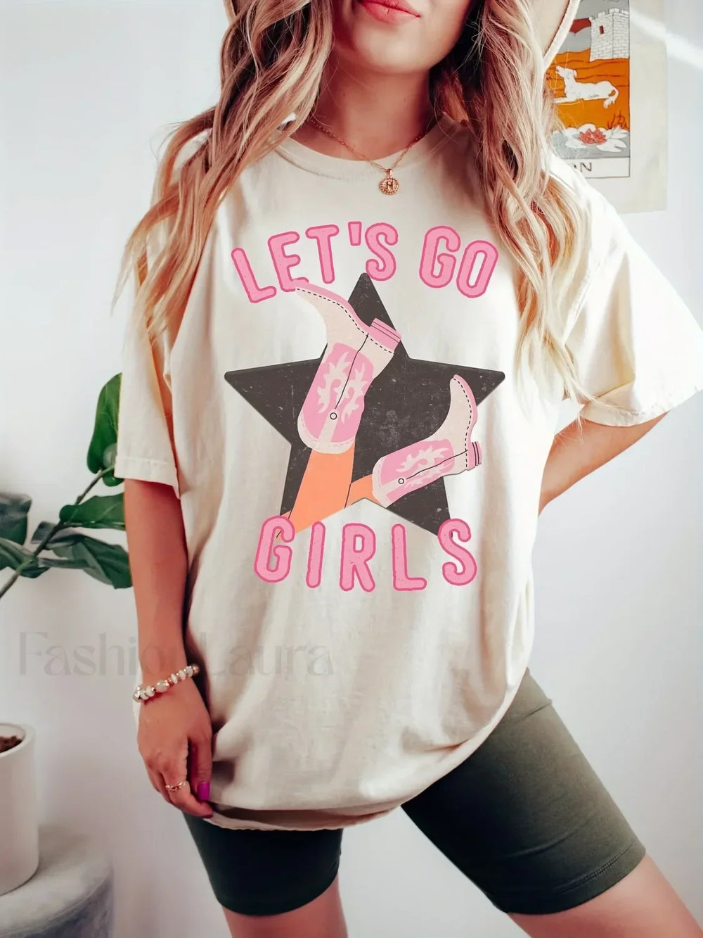 Let’s Go Girls Star Letter Print Crew Neck T Shirt Beige / S