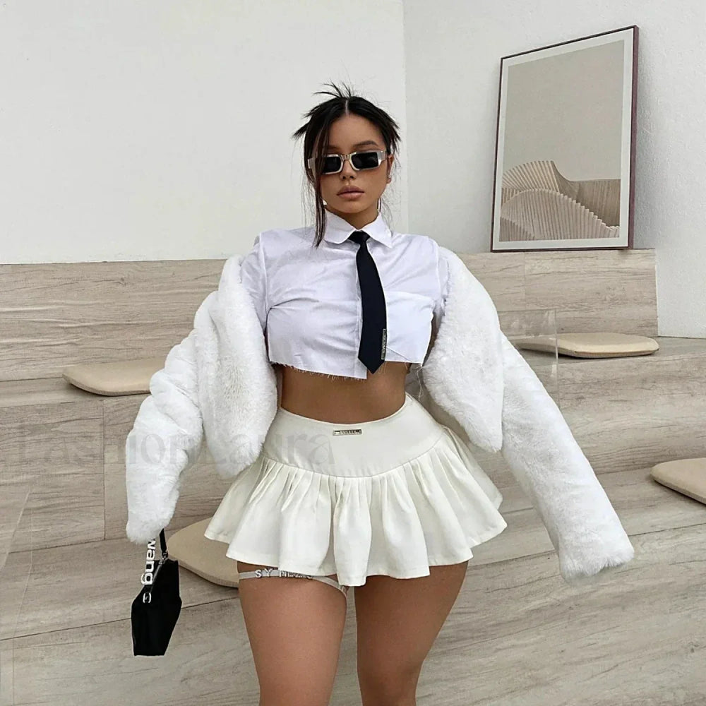 Letter Label Pleated Skirt WHITE / S