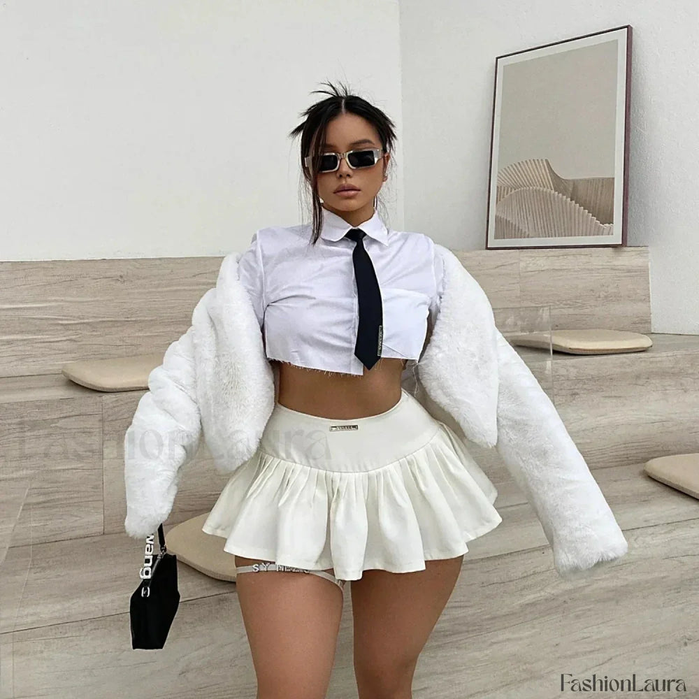 Letter Label Pleated Skirt WHITE / S