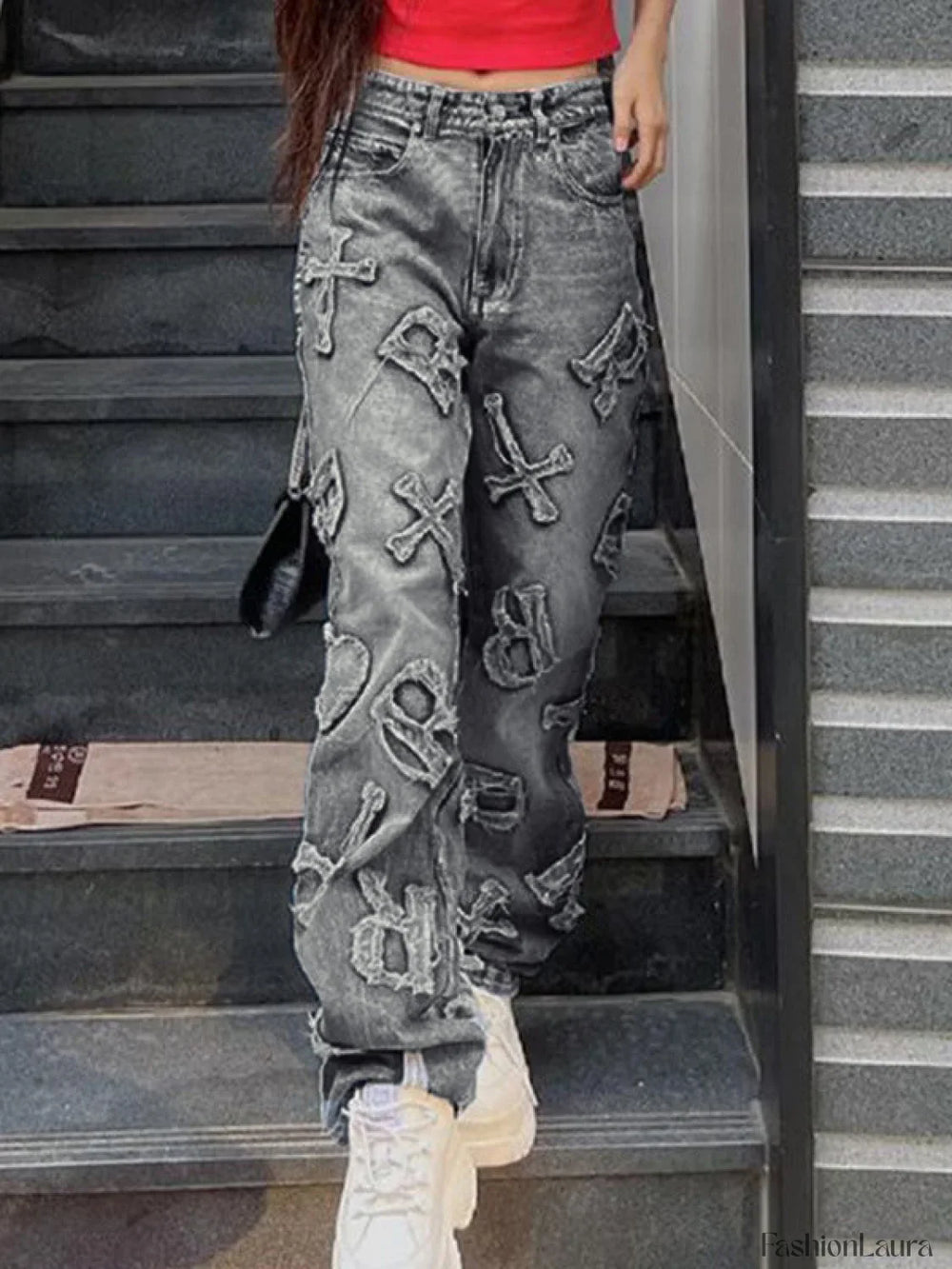 Letter Patch Faded Boyfriend Jeans Boyfriend Jeans