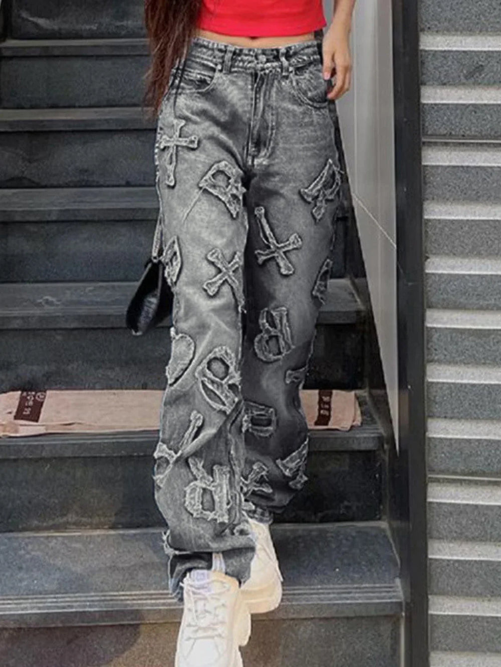 Letter Patch Faded Boyfriend Jeans Boyfriend Jeans