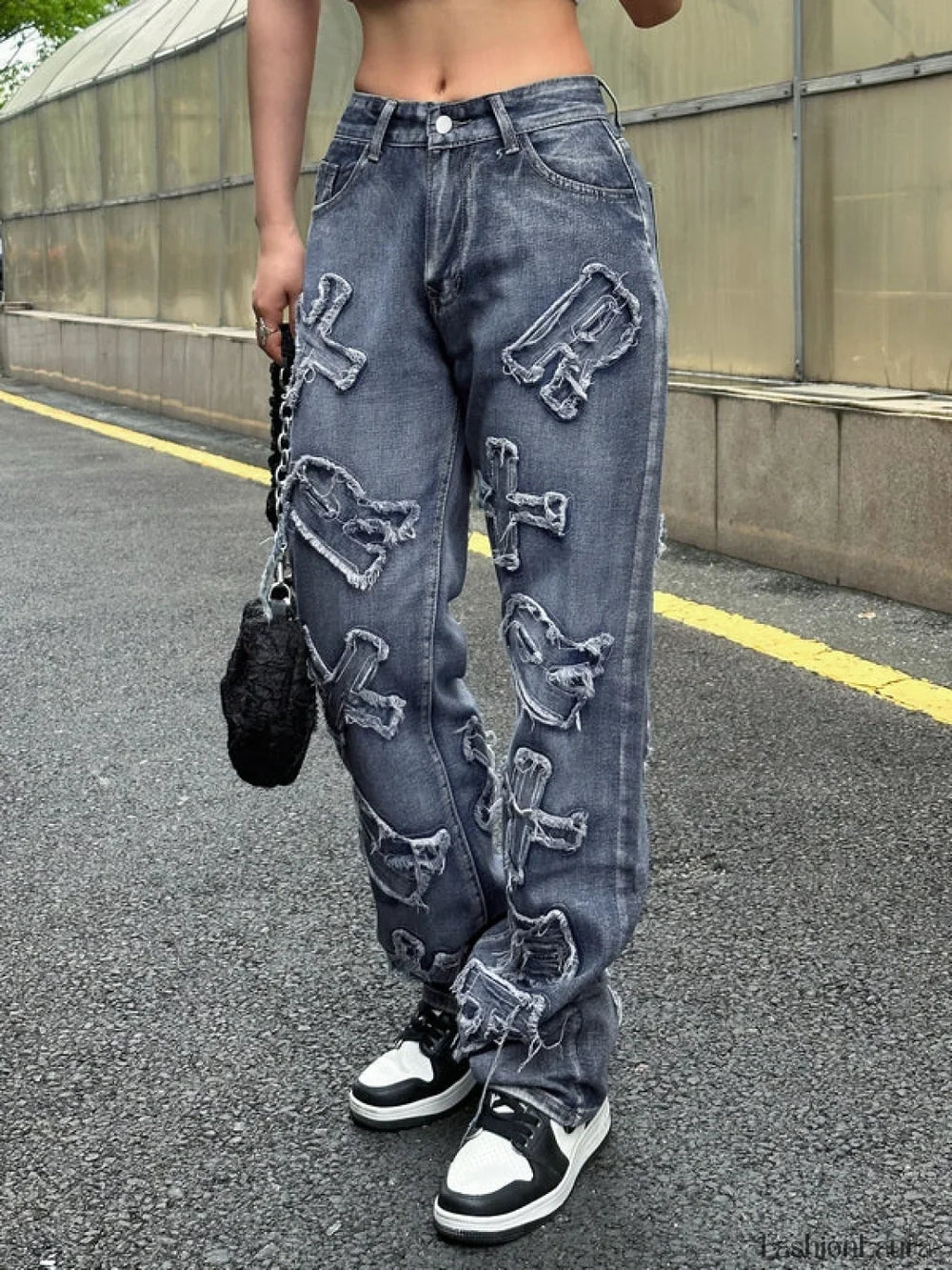 Letter Patch Faded Boyfriend Jeans Boyfriend Jeans