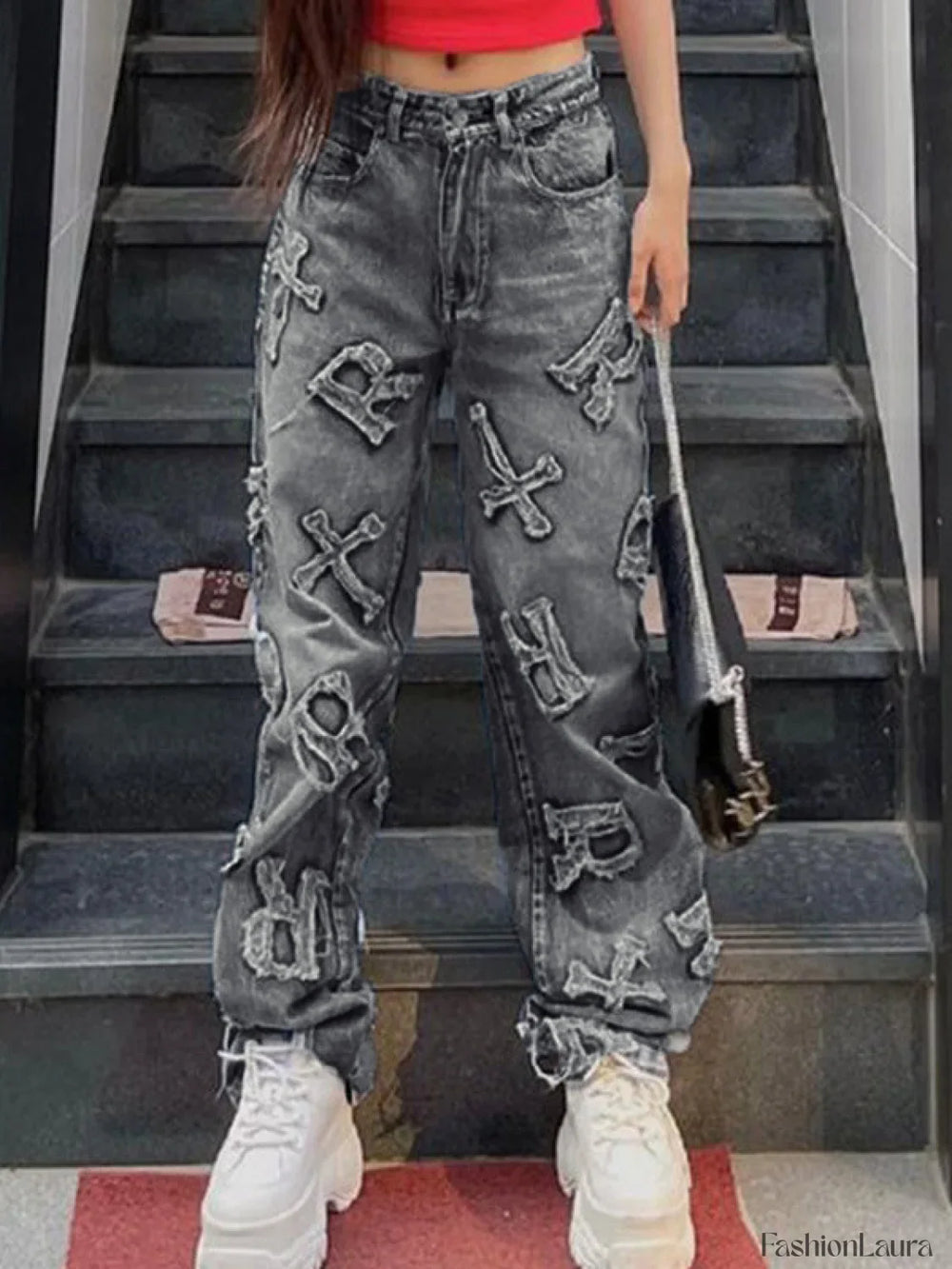 Letter Patch Faded Boyfriend Jeans Grey / S Boyfriend Jeans