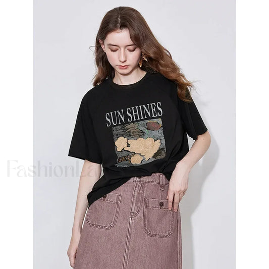 Letter Pattern Lyocell Slim Fit T Shirt Black / S