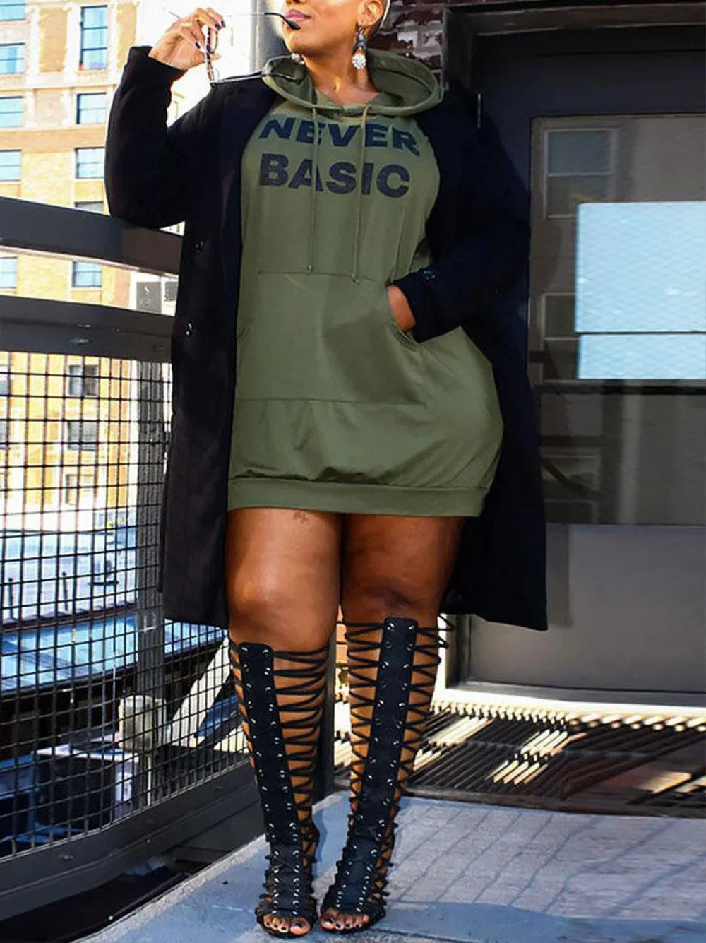 Letter Print Hoodie Dress Army Green / XL Sweatshirts & Hoodies L