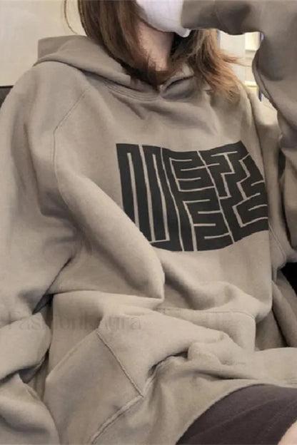 Letter Print Vintage Hooded Hoodie Brown / M