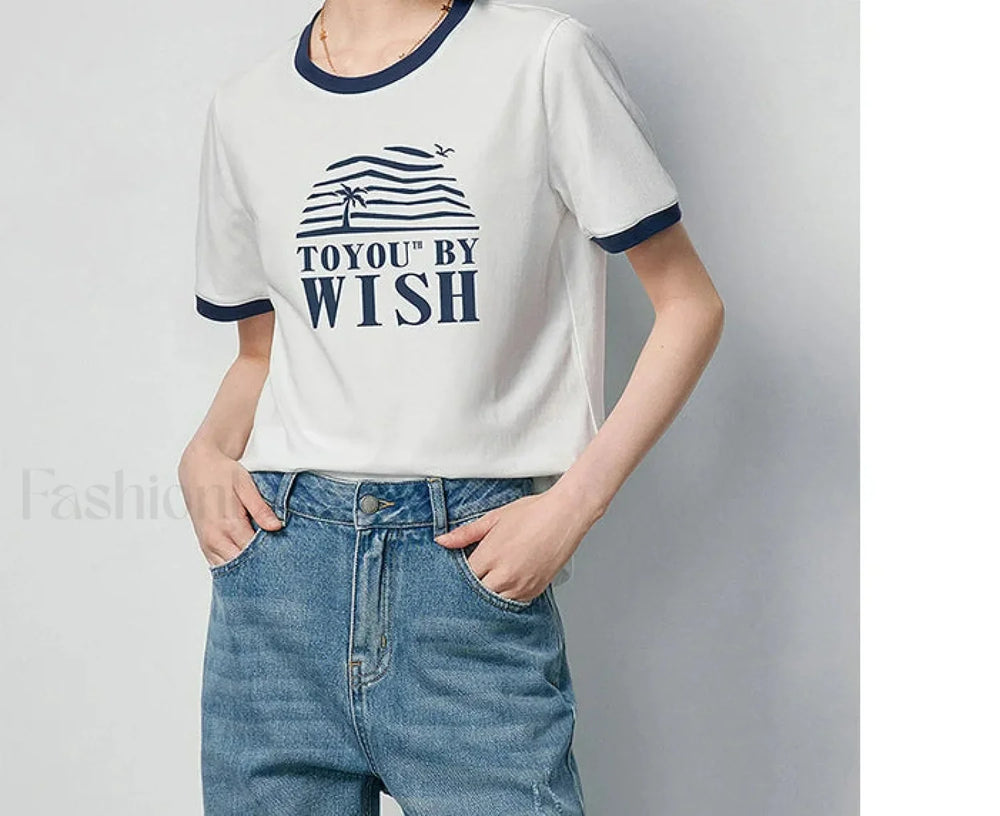 Letter Printed Contrast Color T Shirt Beige / S