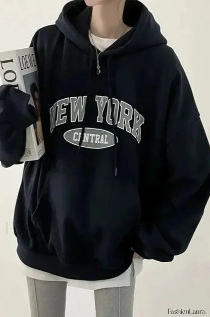 Letter Printed Harajuku Hooded Hoodie Black / S