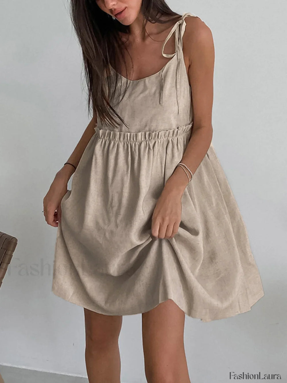 Levanzo Tied Graceful Shoulder Short Dress Light Brown / XS Dresses