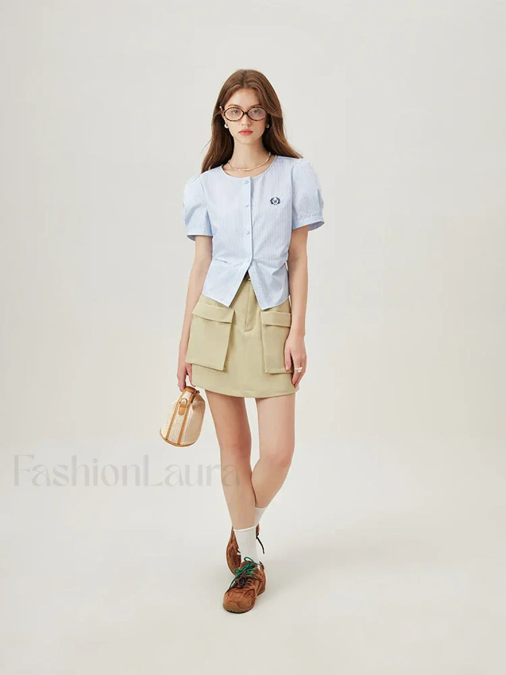 Light Blue Striped Casual Cotton T Shirt