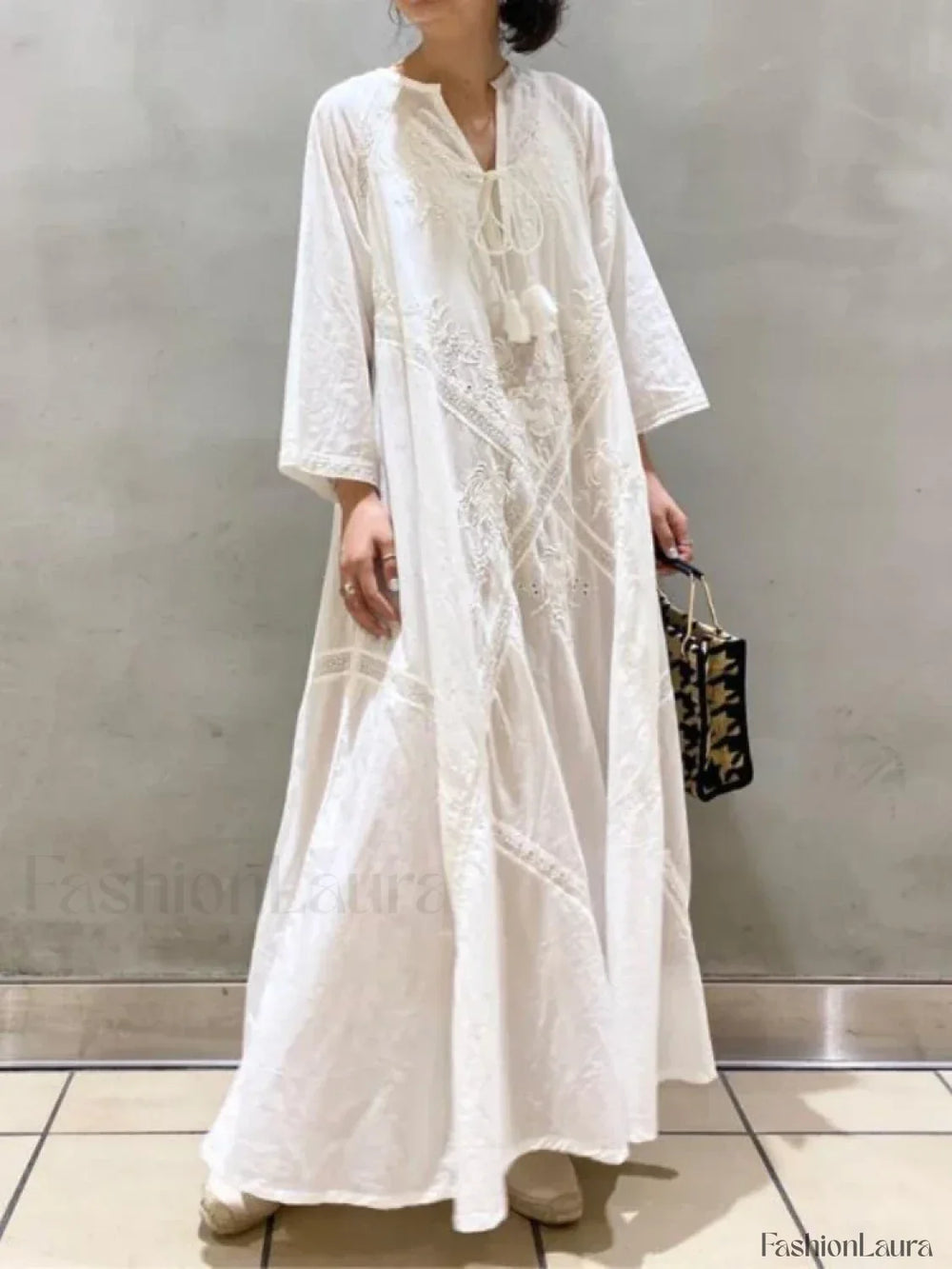 Linen Lace Up White Boho Dress WHITE / One Size