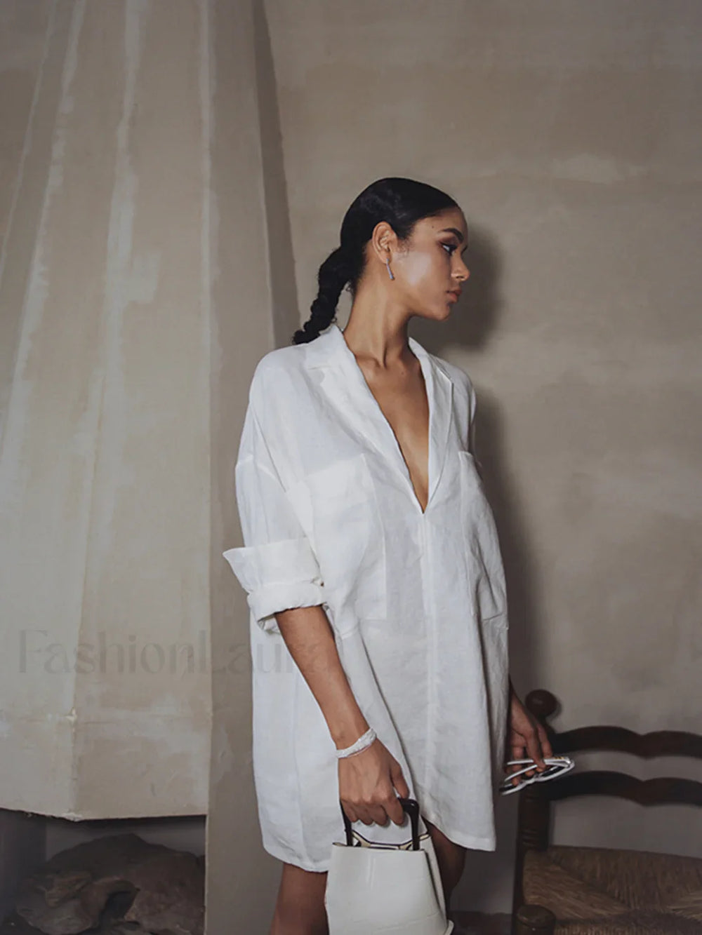 Linen Pockets Semi Sheer Long Sleeve Dress Dresses