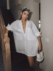 Linen Pockets Semi Sheer Long Sleeve Dress White / XS Dresses