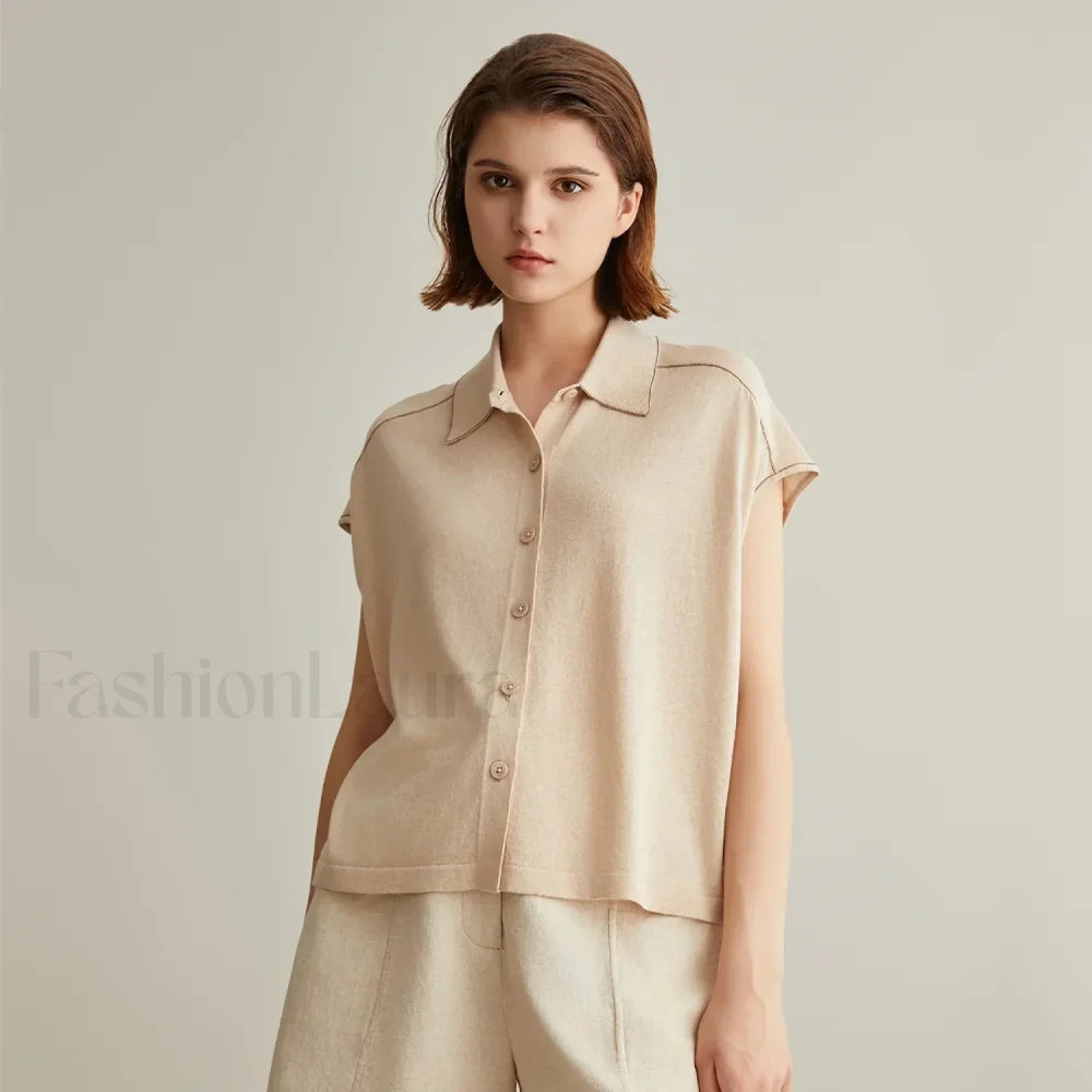 Linen Silk Polo Knitted Cardigan T Shirt