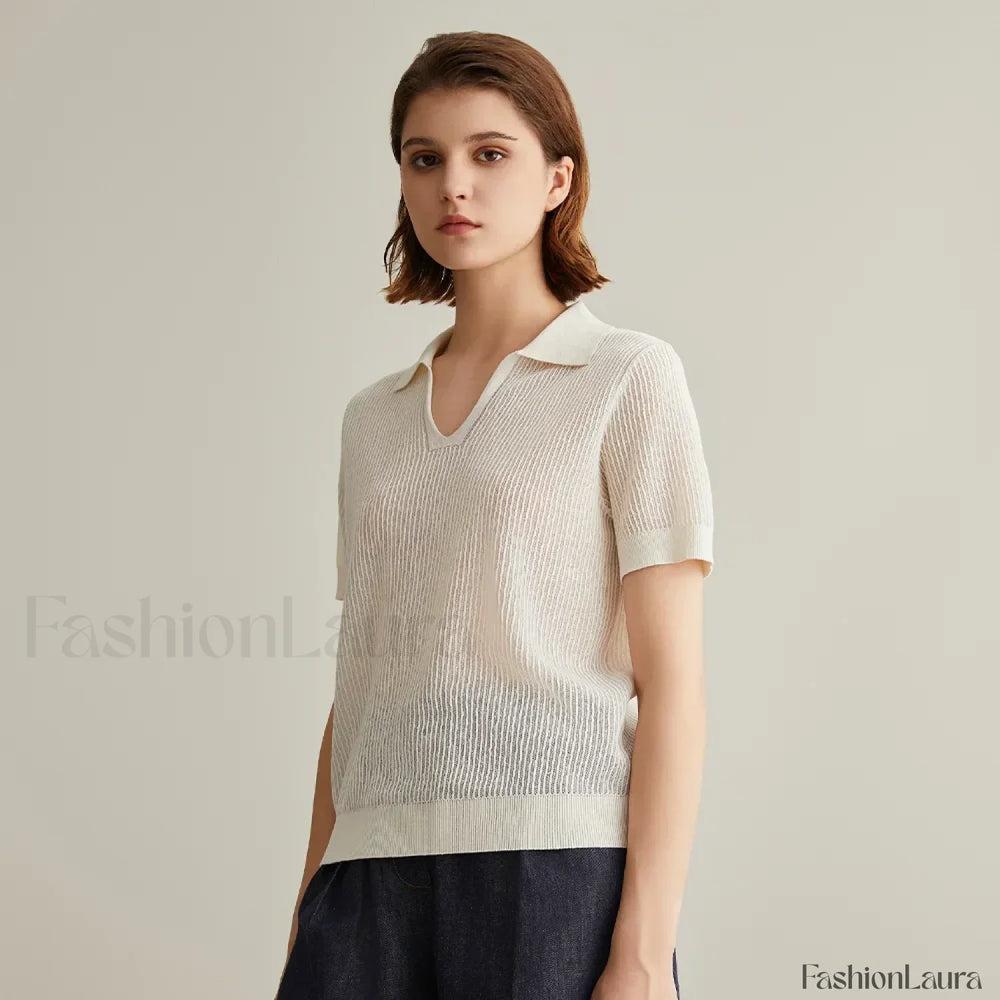 Linen Silk Polo Pullover Summer T Shirt White / S