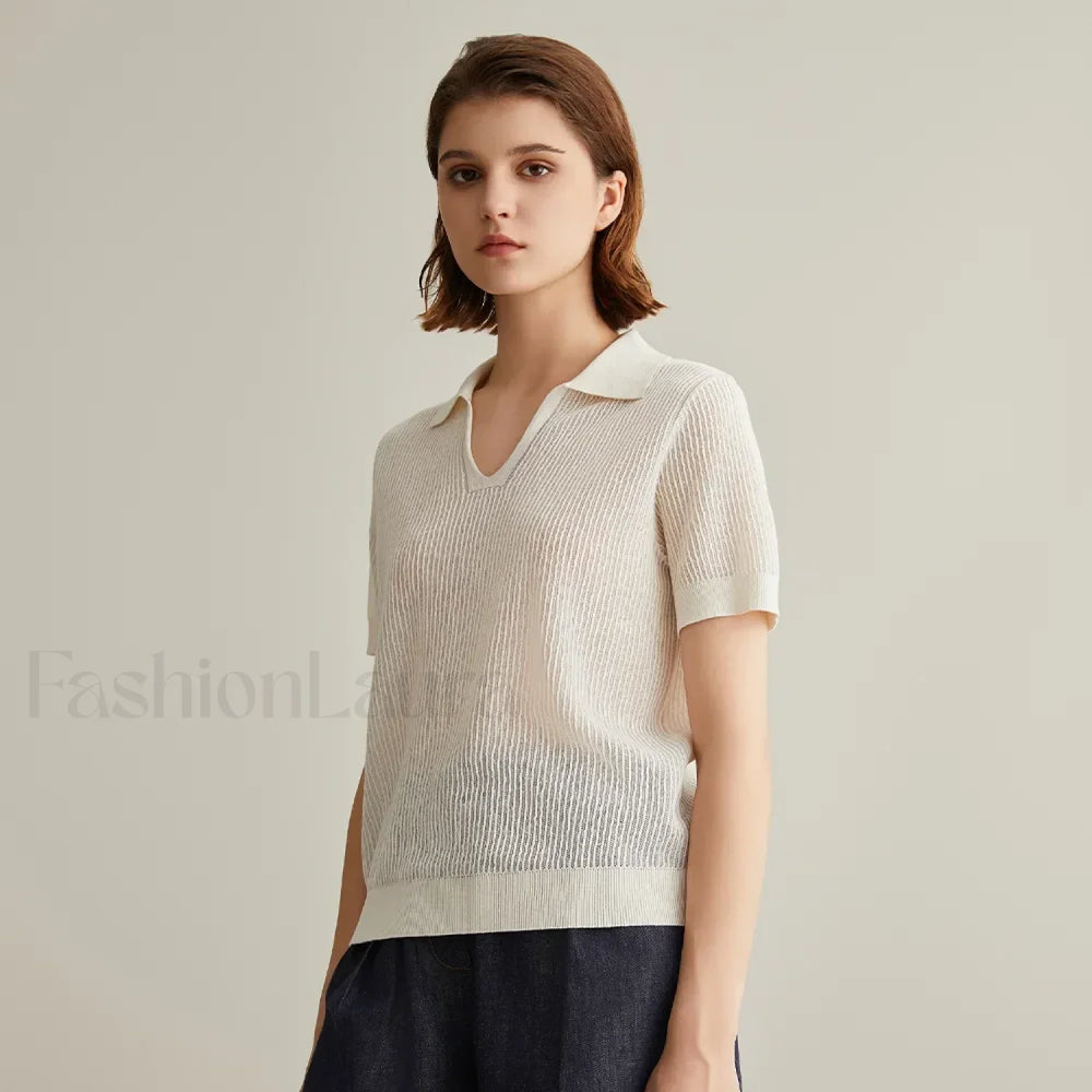 Linen Silk Polo Pullover Summer T Shirt White / S