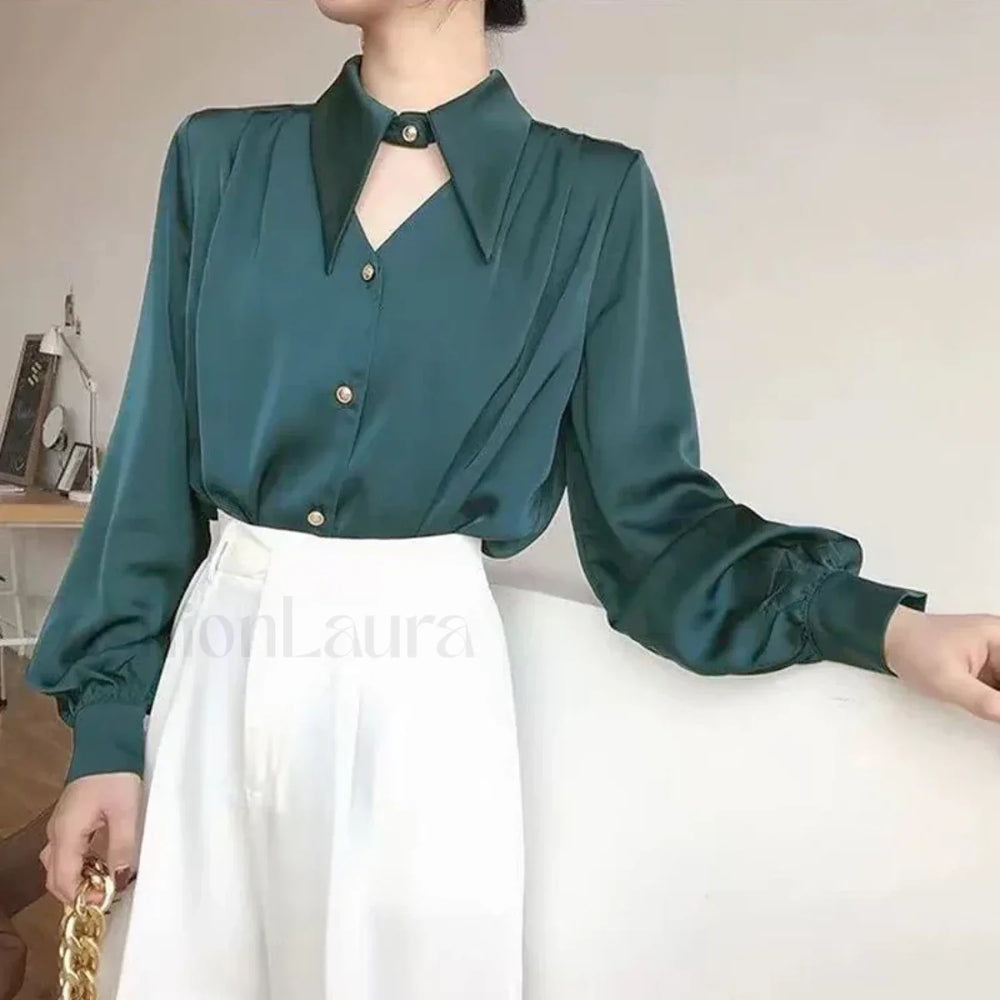 Long French Soft Elegant Simple Hollow Out Blouse Blue / S