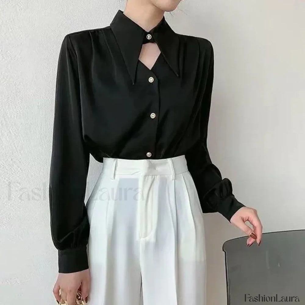 Long French Soft Elegant Simple Hollow Out Blouse Black / S