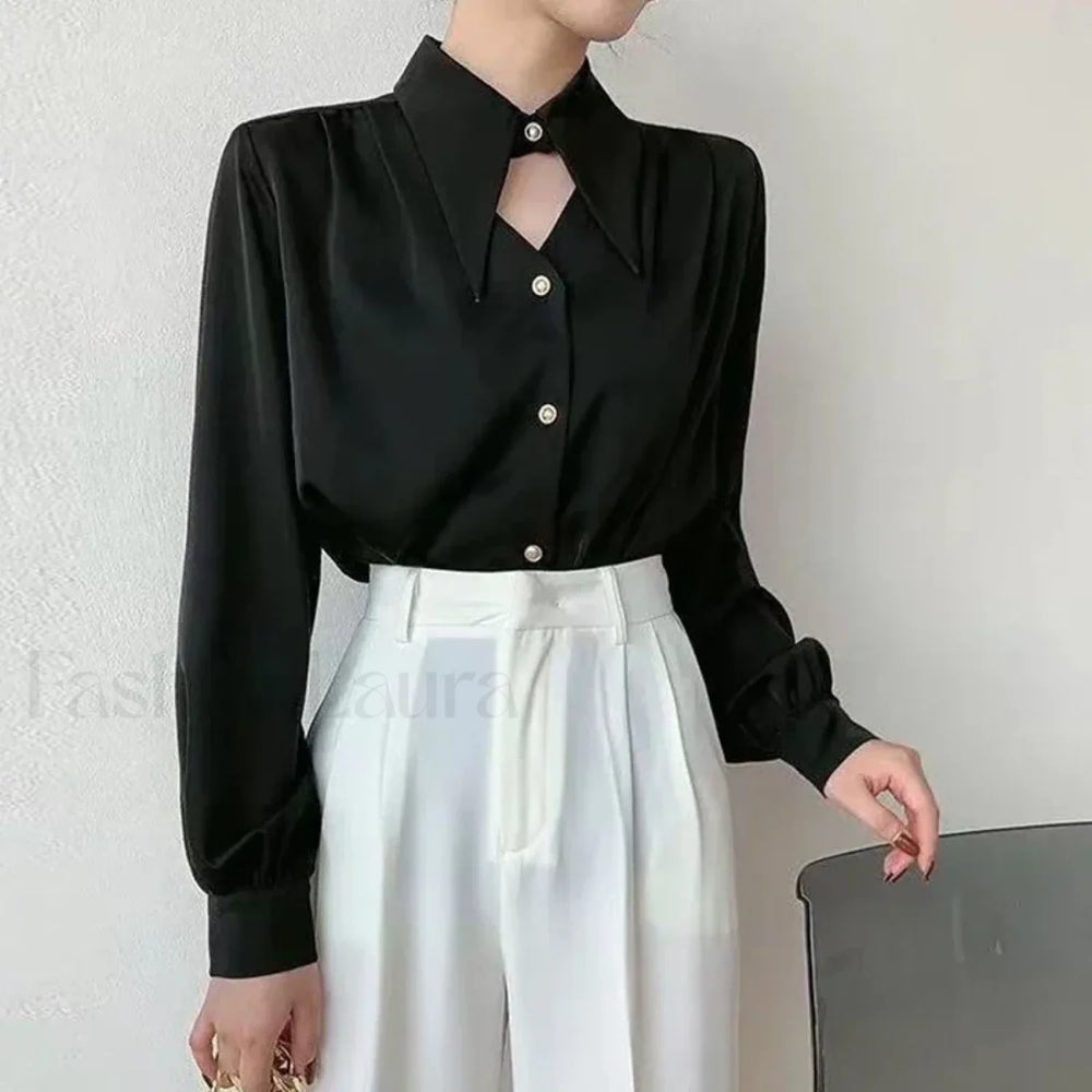 Long French Soft Elegant Simple Hollow Out Blouse Black / S