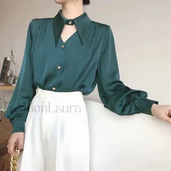 Long French Soft Elegant Simple Hollow Out Blouse Blue / S